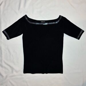Willi Smith wide neck stretchy top, black with blue sequins (size L)